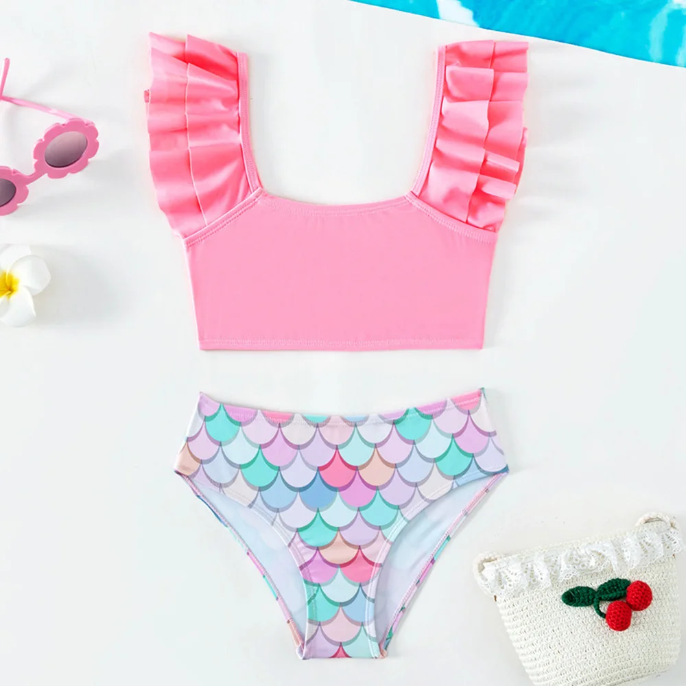 

Girls Mermaid Fish Scale Print Bikini Swimsuit Kids Ruffle Strap Two Piece Children's Swimwear 5-14 Years Swimming Bathing Suit