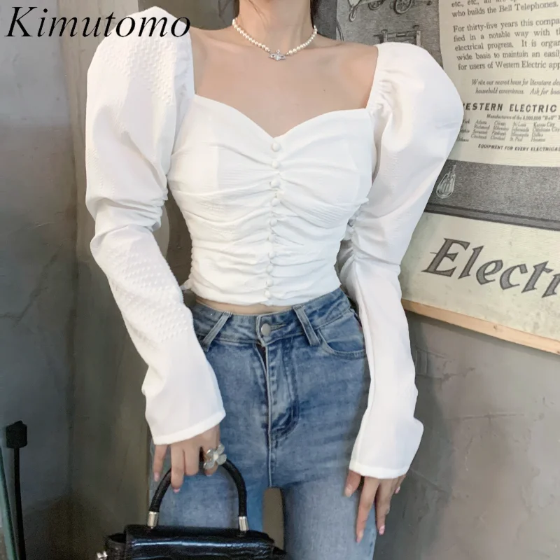

Kimutomo, мягкая однотонная дизайнерская короткая рубашка со складками, женская элегантная блузка с V-образным вырезом и длинными рукавами-фона...
