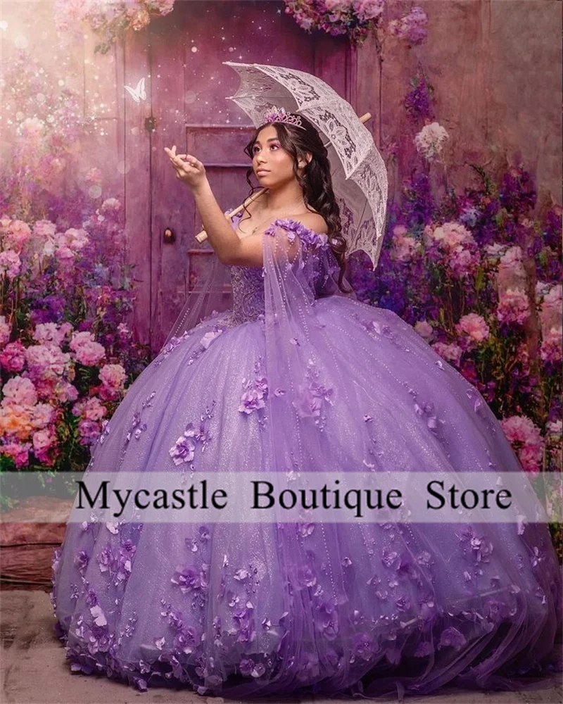 

Lavender Ball Gown Quinceanera Dresses 2023 With Cape 3D Flower Beaded Sweet 16 Dress Cinderella Princess Birthday Gowns