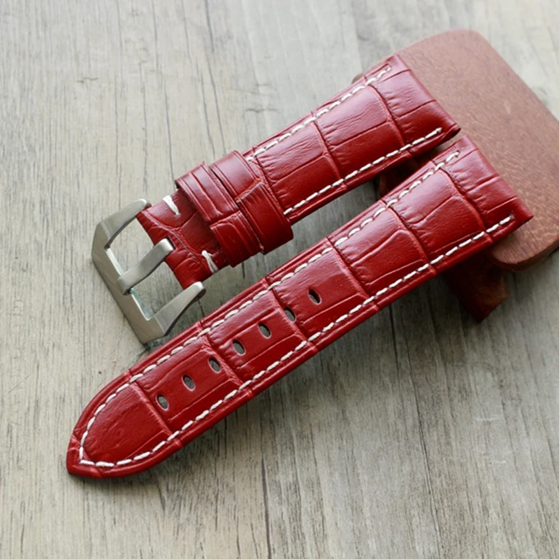 

Watch accessories fashion red watchband 22mm 24mm 26mm Crocodile pattern leather watch strape for PAM PAM359 bracelet
