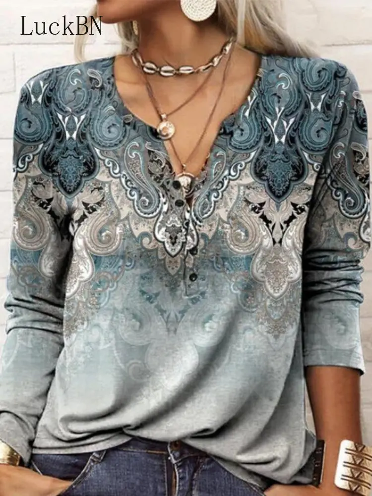 

Женская осенне-зимняя Этническая богемная футболка с V-образным вырезом, повседневные винтажные Топы с длинным рукавом, пуловер оверсайз с ...