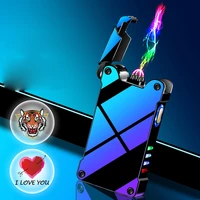 creative projection love double arc lighterusb power display cigarette lighter windproof metal rechargeable lighter gift for men