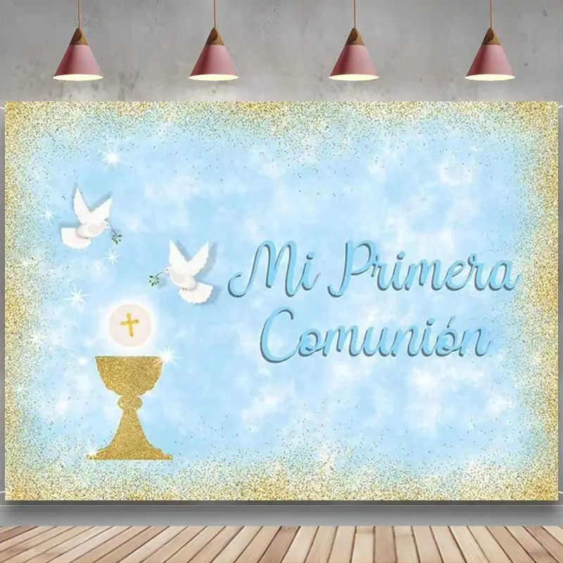

Baptism Backdrop Comunion Christening Banner Blue Gold Glitter Chalice Photography Background God Bless First Holy Communion