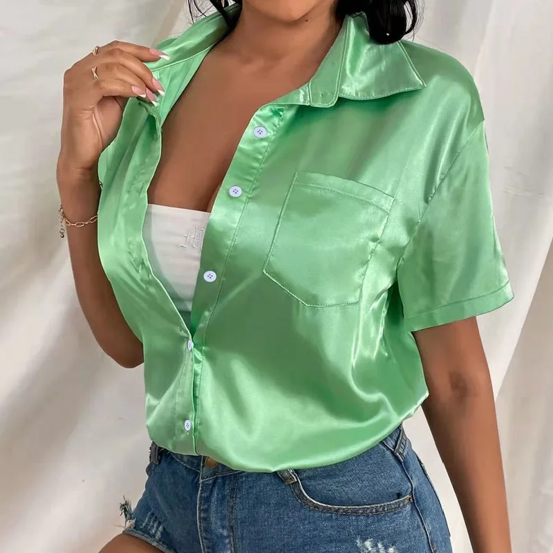 

2022 Fashion Casual Satin Blouse Women Summer Loose Button Up Silk Women Shirt Solid Office Lady Short Sleeve Blouses Tops 20009