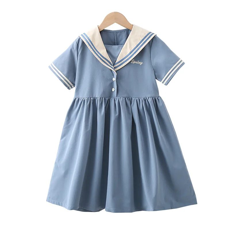 

6 To 16 Years, Kids Preppy Dress 2022 New Teen Clothes Girls Dress Sailor Collar Children Summer Dress Cottn Button,#6238