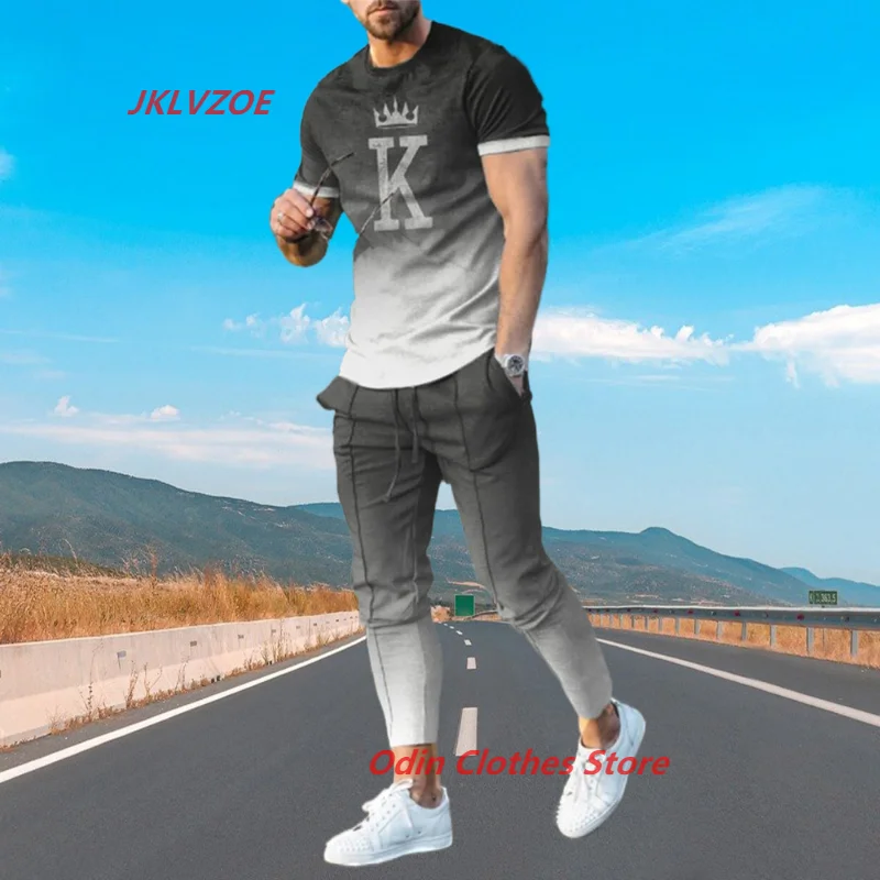 New Arrival Summer Men Sets Trousers 2 Piece Print Fashion Long Sleeve T Shirt/Pants Tracksuit Street Clothes Casual Suit