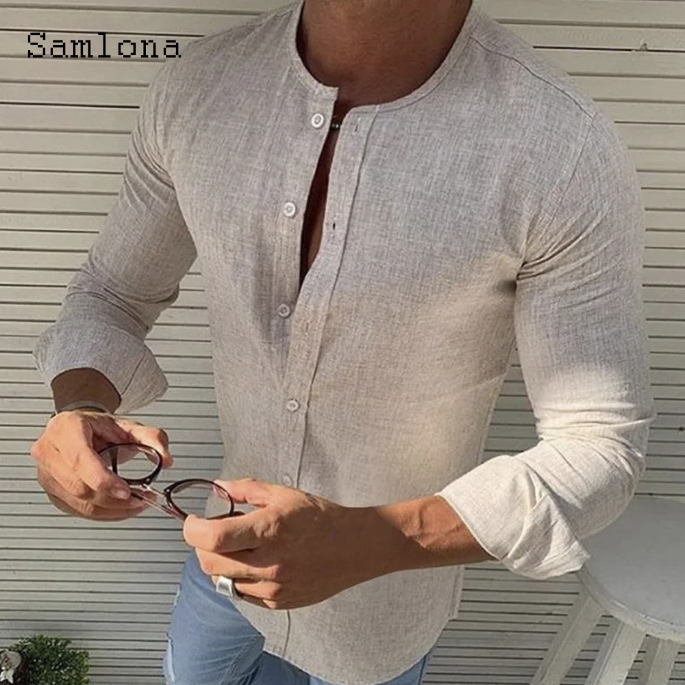 Plus Size Mens Casual Linen Blouse 2023 Long Sleeve Collarless Beach Shirts Masculina Camisa Top blusas Homme Ropa Men Clothing