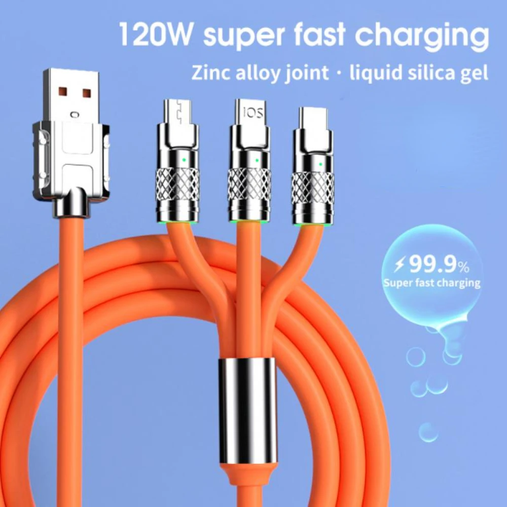 

120W Zinc Alloy 3 In 1 Silicone Wire Ultra 6A Fast Charging Data Cable Universal Mobile Phone Charging Cable With LED Indicator