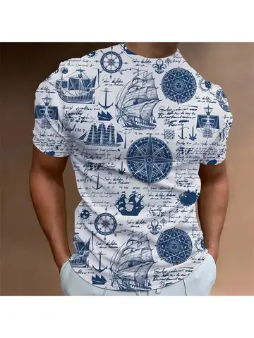 Модные футболки с морской графикой, летние повседневные футболки с коротким рукавом, простые мужские футболки с 3D принтом, трендовые уличные футболки большого размера