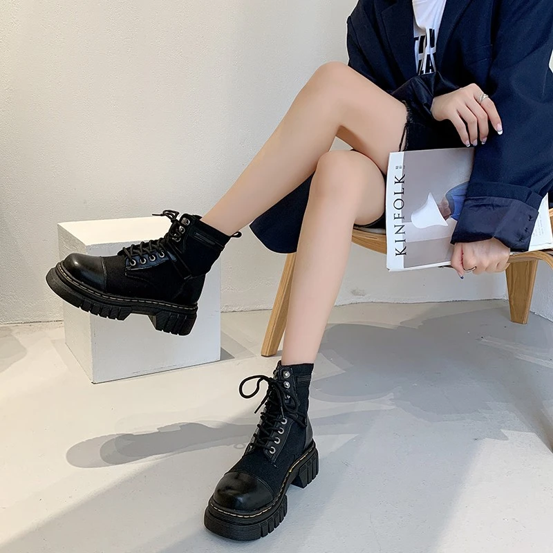 Boots Woman 2023 New Ladies Casual Stretch Fabric Socks Boots Fashion Cross-tied Women Shoes Platform Boots Gothic Women Fall