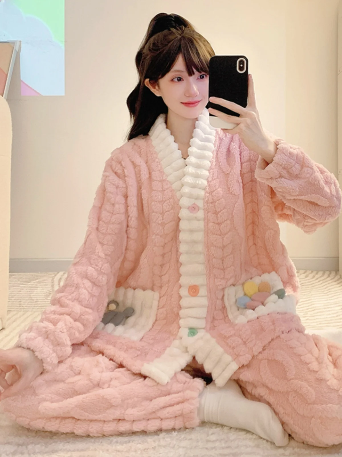 Женские пижамы на осень и зиму новый длинный флисовый кардиган с цветочным