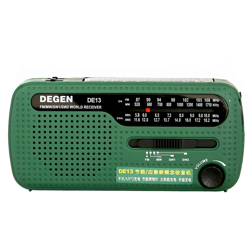 

DEGEN DE13 FM Radio Portable FM AM SW Crank Dynamo Solar Power Emergency Radios Hand Crank Radio Receiver with Flashlight