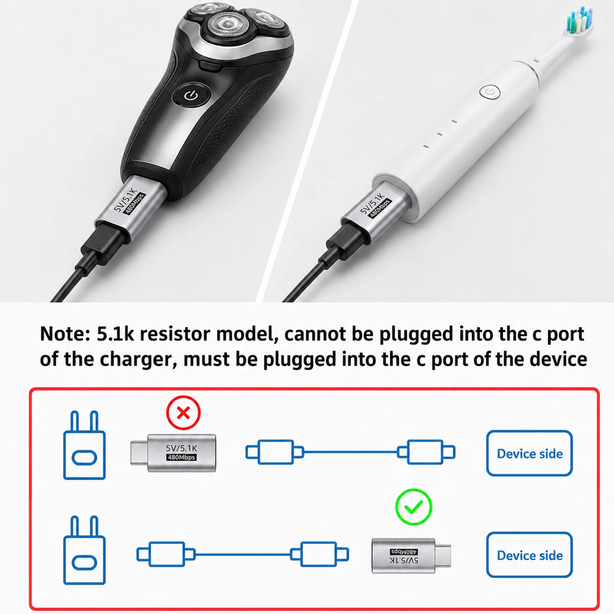 Фото Адаптер USB-C (штекер-гнездо) с резистором 5,1 кОм, конвертер зарядки 5В Type-C для бритв, триммеров, наушников, вентиляторов, электрических отверток №2