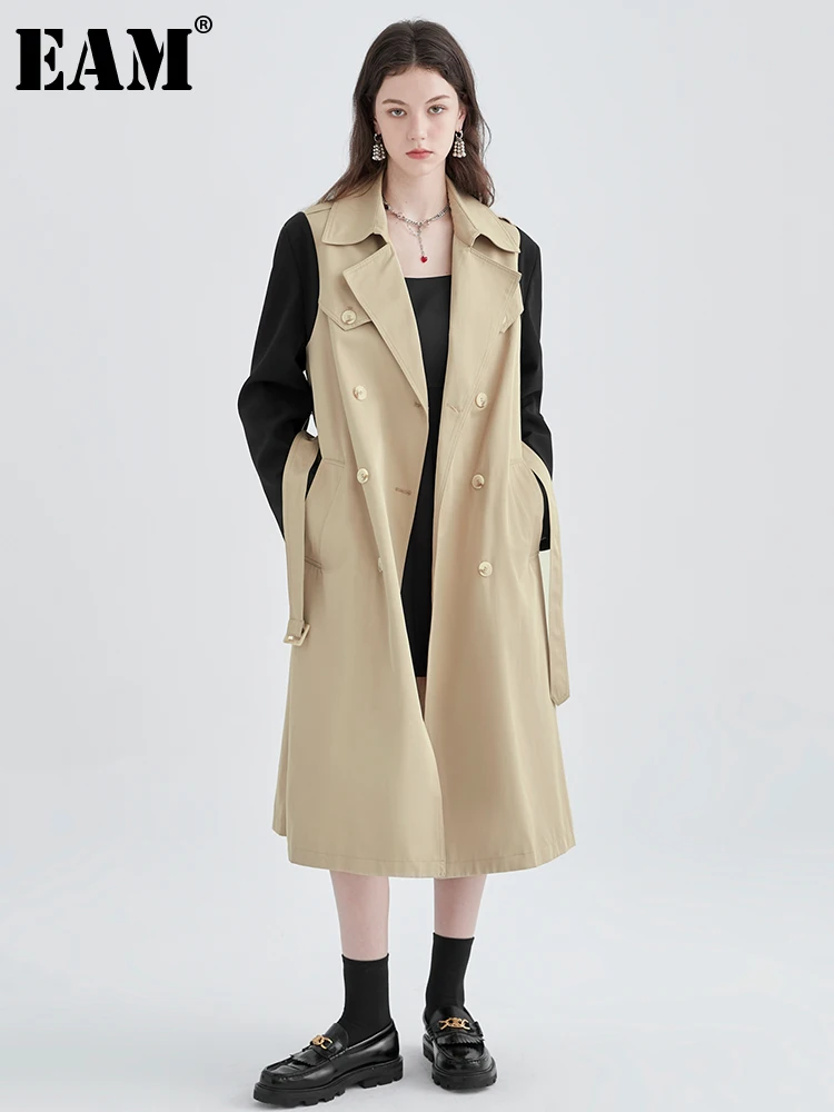 

[EAM] Women Khaki Color-block Big Size Trench New Lapel Long Sleeve Loose Fit Windbreaker Fashion Spring Autumn 2022 1DE6617
