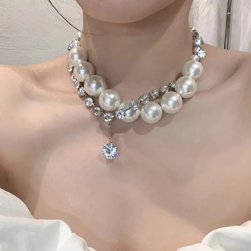 

New Personality Bead Pearls Necklace Collarbone Chain Women's Elegant Crystal Zircon Pearl Pendant Necklace Bride Jewelry