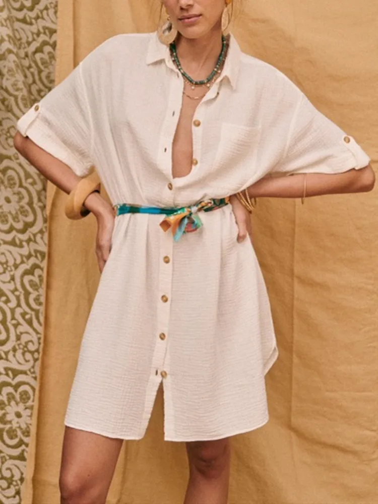 

Women Mini Dress Single Breasted Short Sleeve Casual Shirt Robe