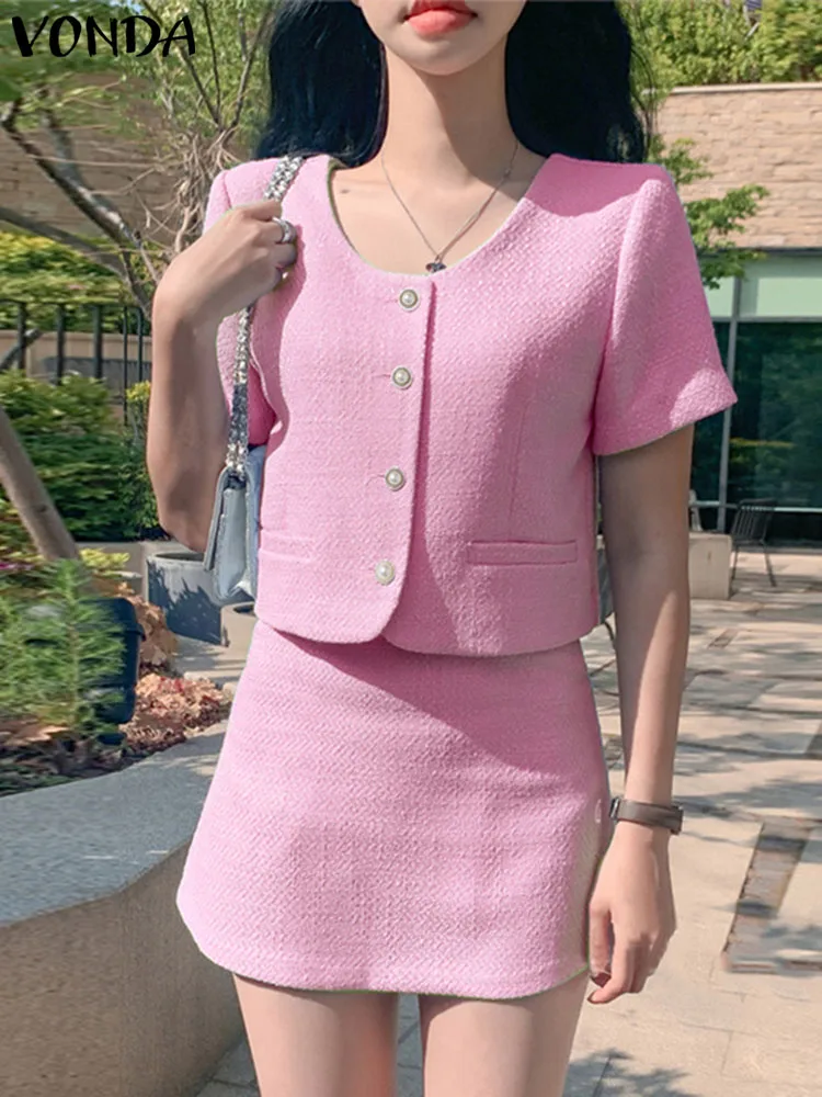 

VONDA Elegant Summer Dress Sets 2023 Women Short Sleeve Buttons Tunic Tops and Mini Skirts Casual Solid Color Matching Sets