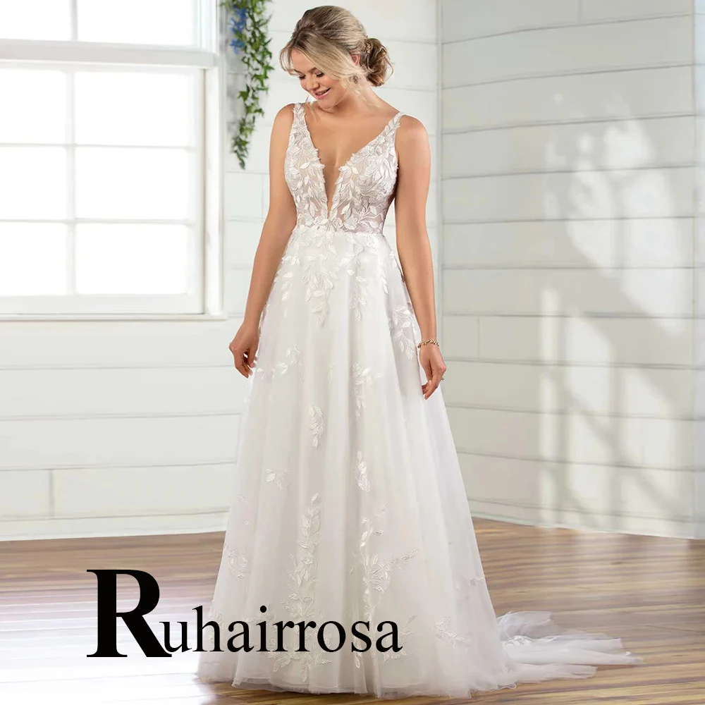 

Классическое Свадебное Платье Ruhair с глубоким V-образным вырезом и открытой спиной, ТРАПЕЦИЕВИДНОЕ Тюлевое платье для женщин, кружевное платье с аппликацией, свадебное платье для невесты