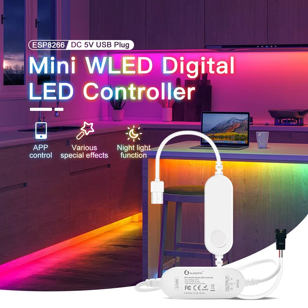 Цифровой мини-контроллер WLED ESP8266 USB RGB IC 5 в постоянного тока для светодиодных лент