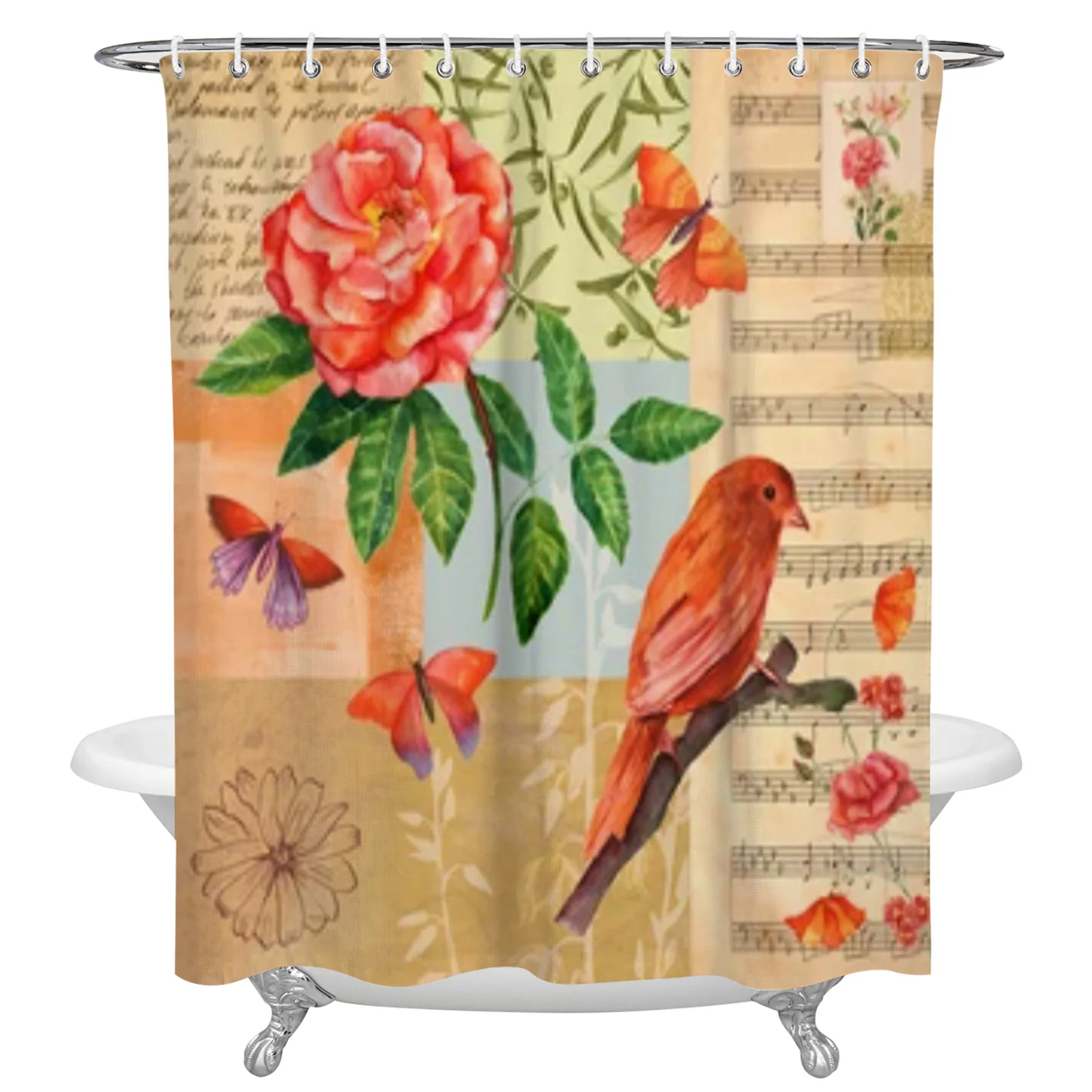 

Vintage Poster Rose Bird And Butterflies Shower Curtain Waterproof Polyester Bath Curtain Home Decor Bathroom Accessory Curtain