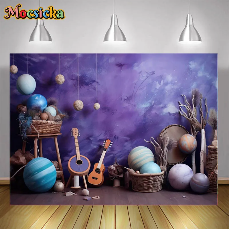 

Children's Portrait Photography Backdrop Purple Deep Universe Theme Planets Backgrounds Photo Booth Props Cake Smash Decoration