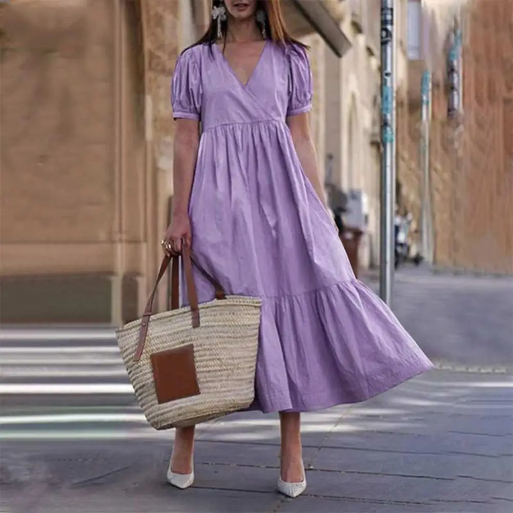

Vintage Party Dresses V-Neck Puff Short Sleeve A-Line Midi Dress Ruffle Stitching Hem Women Casual Dress Female Dresses Women