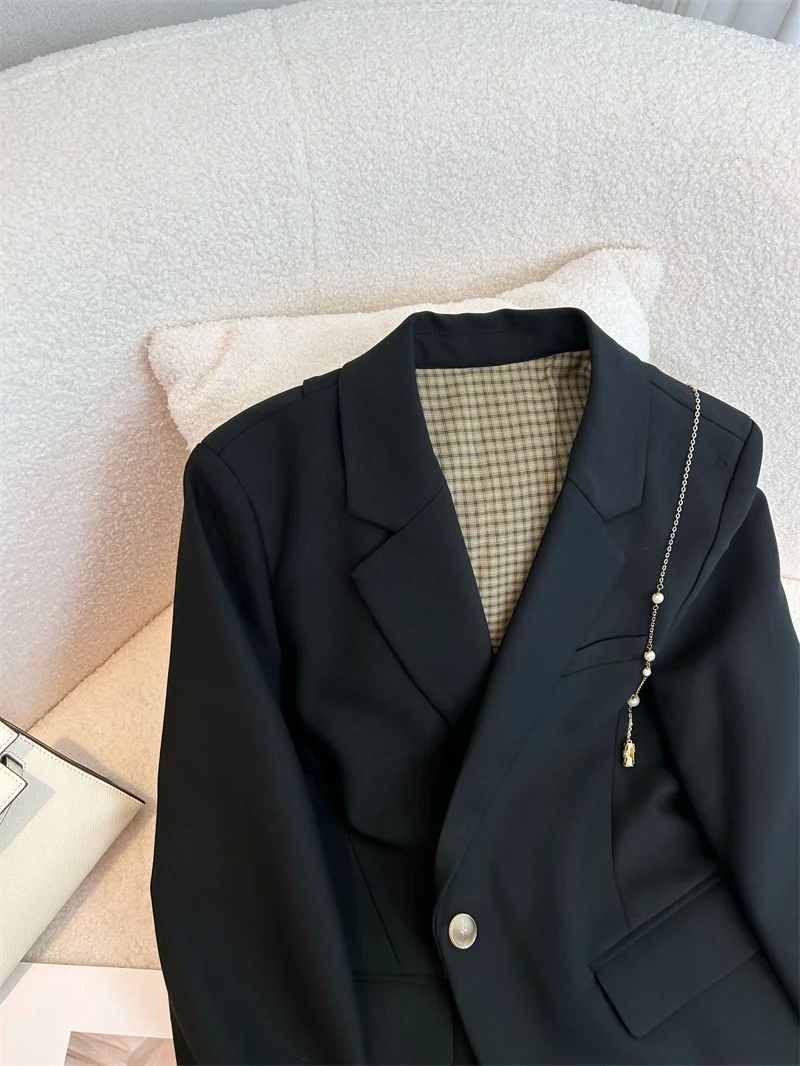 2023 New Spring Autumn Plaid lining Splicing Black Blazer Coats Women's Clothing Casual Street Blazers Suit Jackets  AC760