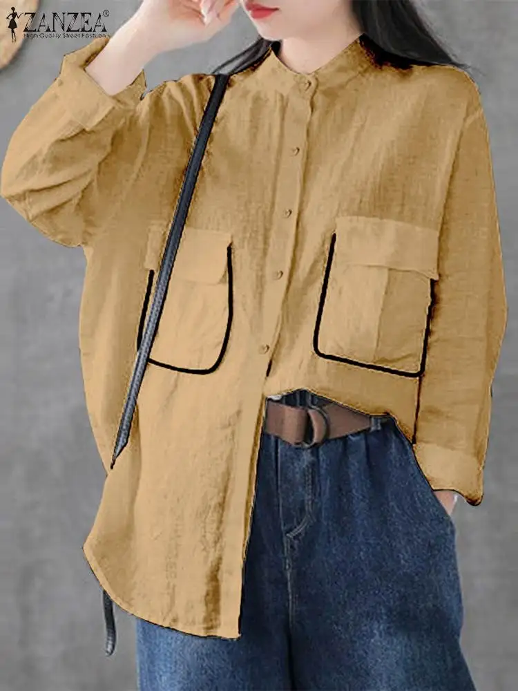 

ZANZEA Women Patchwork Blouse Shirt 2022 Vintage Retro OL Casual Loose Long Sleeve Top Tunic Oversize Lady Lapel Blusa Chemise