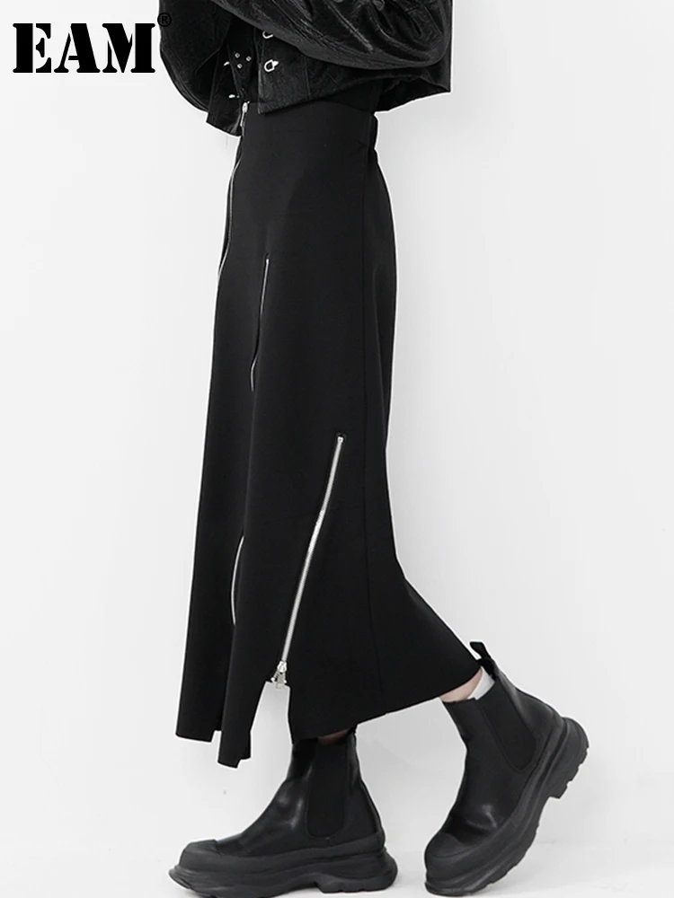 

[EAM] High Elastic Waist Black Brief Irregular Zipper Long Half-body Skirt Women Fashion Tide New Spring Autumn 2022 1DE6852