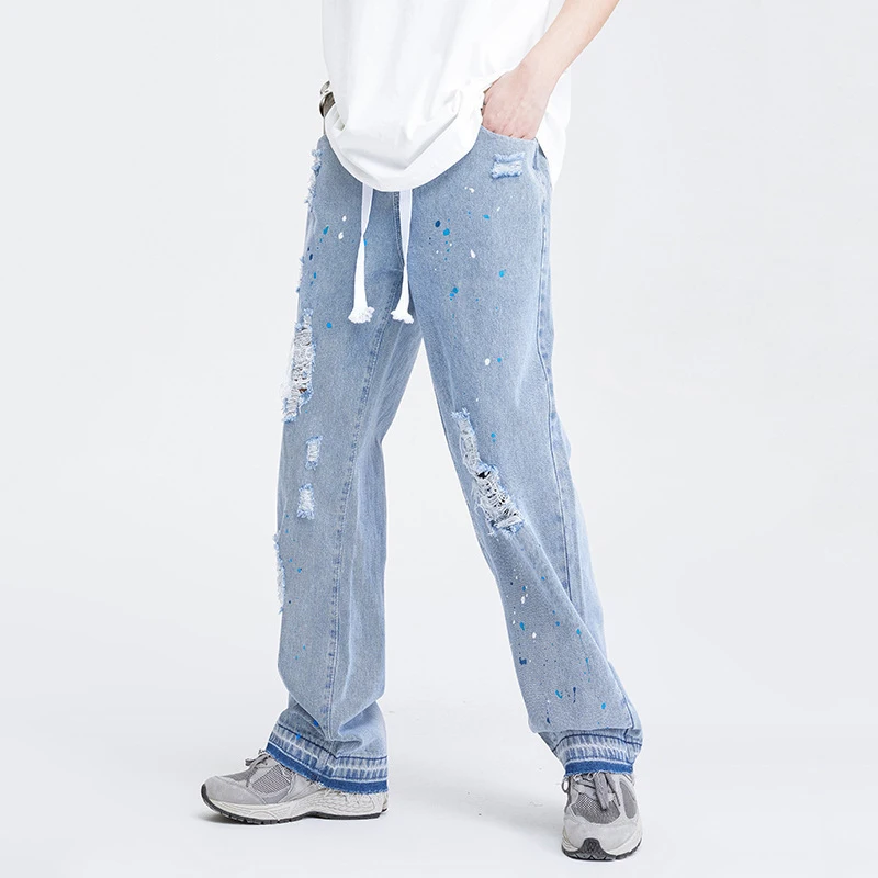 High Street Ripped Jeans for Men Straight Leg Loose Jeans Y2k Fashion Street Jeans Fashion Street Ins Hot Sale JEANS