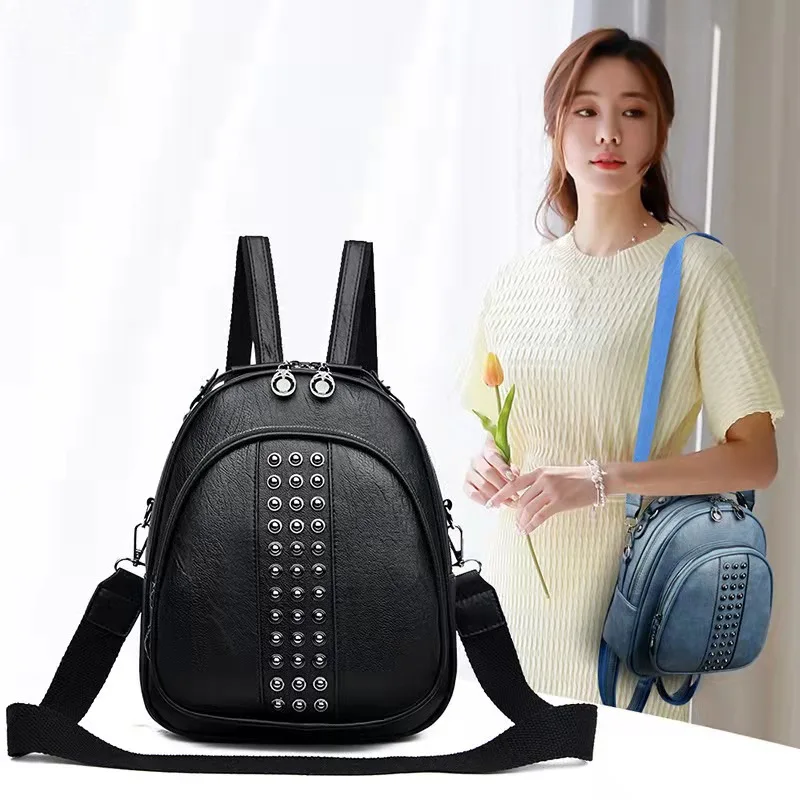 

Mini Ladies Travel Backpack 2022 Ladies Fashion Stud Designer Backpack Multifunctional School Bag Soft PU Leather Women Bag