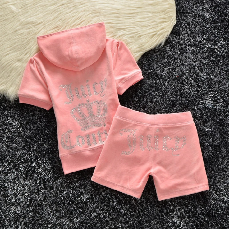 2022 Summer Juicy Coutoure TrackSuit 2 Piece Shorts Set Sports Short Sleeve Hooded Top High Waist Running Legging Set Tracksuit