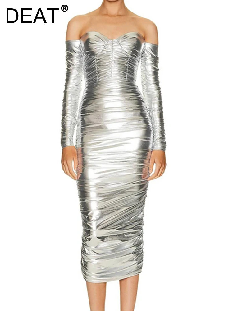 

Женское вечернее платье без бретелек [DEAT], серебристое Плиссированное облегающее платье с открытой спиной и длинным рукавом на молнии, новинка весны 2023, 13DB1140