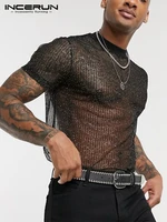 incerun casual mesh thin t shirt see through shiny blouse breathable nightclub tops men short sleeve round neck t shirts s 5xl 7