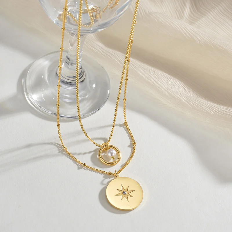 

2 Layered Women Necklace Stainless Steel Bead Link Round Coin Pendant Fashion Gold Color Chain Jewelry Gift