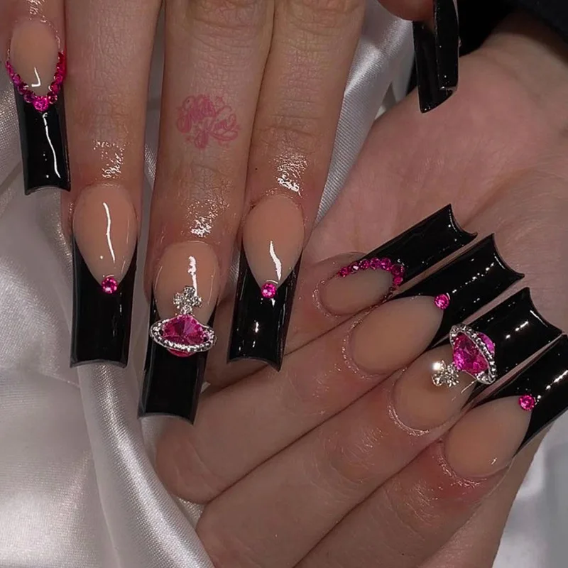 On Nails With Designs Extra Long Red Rhinestone False Nails 