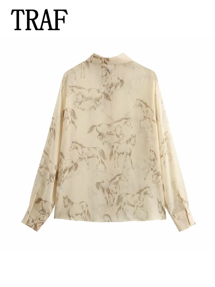 TRAF женская рубашка с принтом модная элегантная однобортная уличная длинными