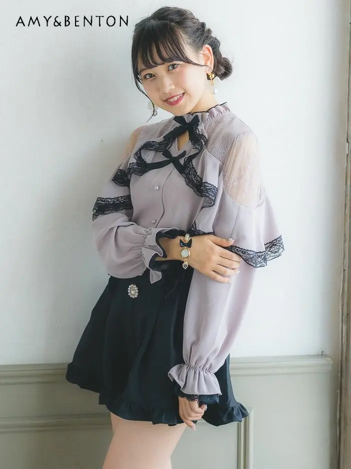 Rojita Cute Lace Sweet Shirts Blouse Women's Long Sleeve Casual Tops Female Solid Color Slimming Bluson Mujer De Moda 2023