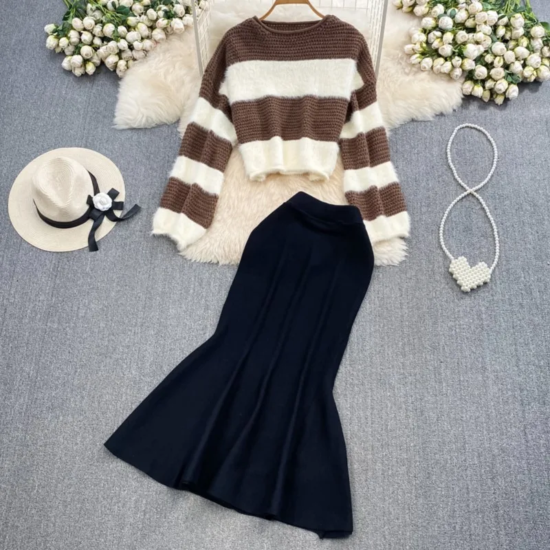 

Женский мягкий костюм с юбкой, повседневный облегающий свитер и топы, комплект из двух предметов, Осень-зима