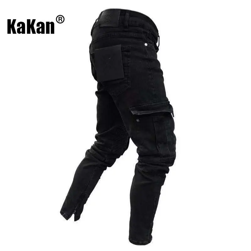Kakan - European and American New Trend Knee Hole Broken Zipper Small Foot Jeans for Men, Elastic Side Pocket Long Jeans K45-829