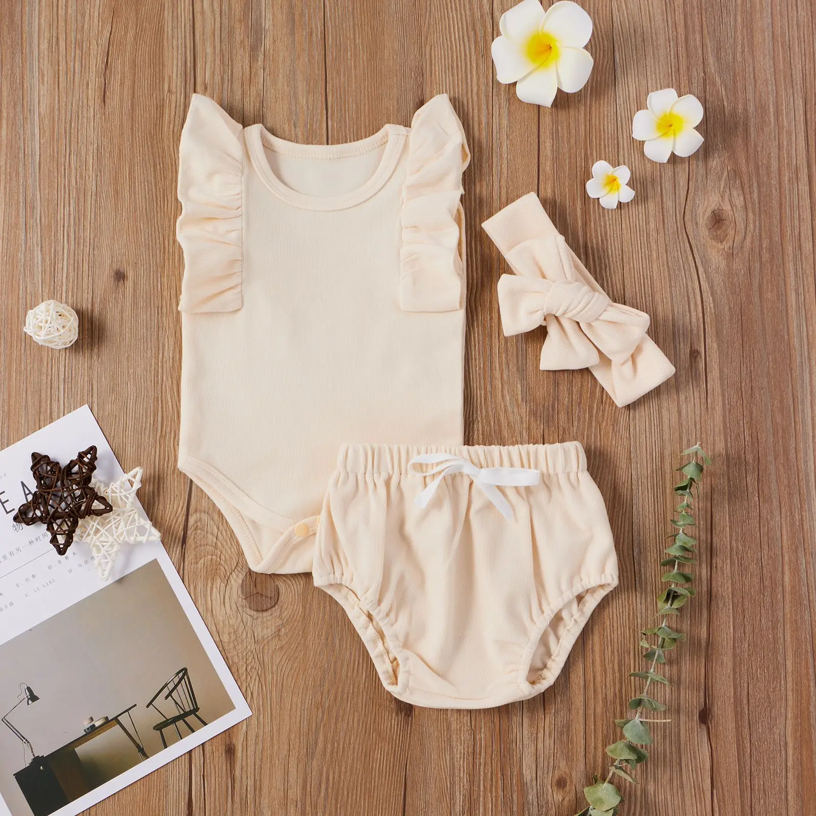 

Baby Girl Clothes Infant Summer Outfits Toddler Solid Headband + Ruffle Sleeveless Top + Shorts 3pcs Set Children Clothing Sets