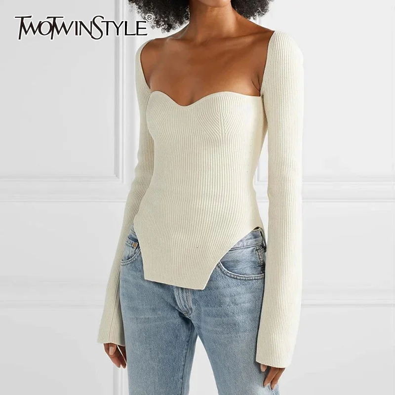 

White Side Split Knitted Women's Sweater Square Collar Long Sleeve Sweaters Female Autumn Fashion New Clothes