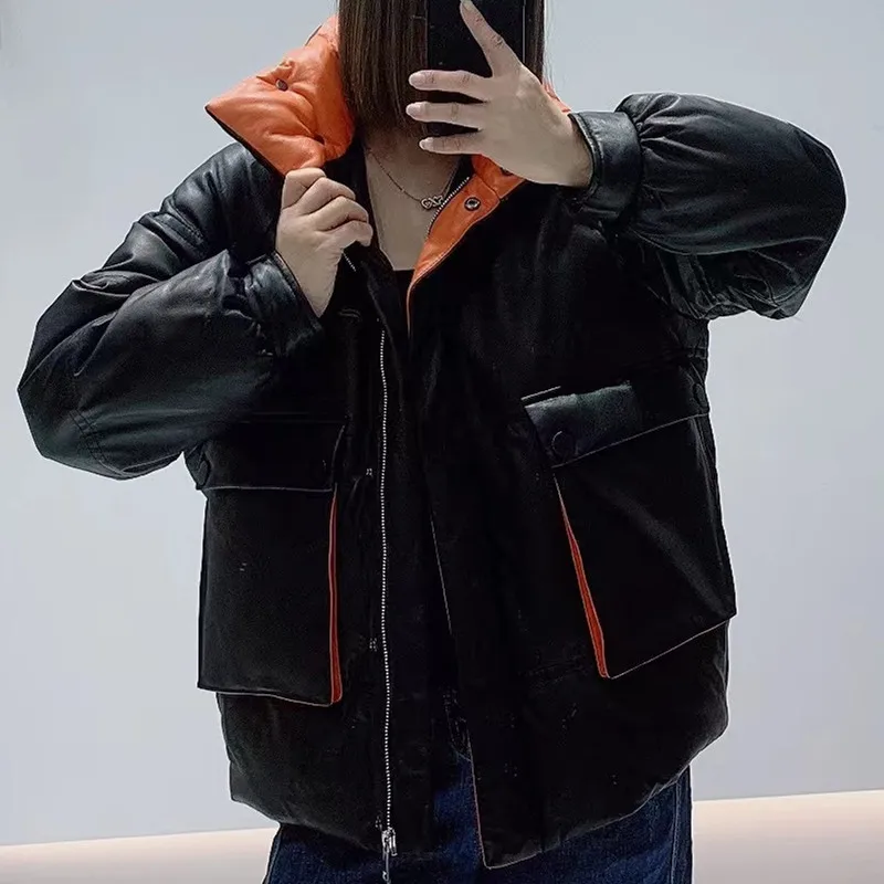 Leather Jacket Winter Women's Sheepskin Goose Down Jacket Female Warmer Short Leather Down Sheep Skin Stand Collar Bread Outwear