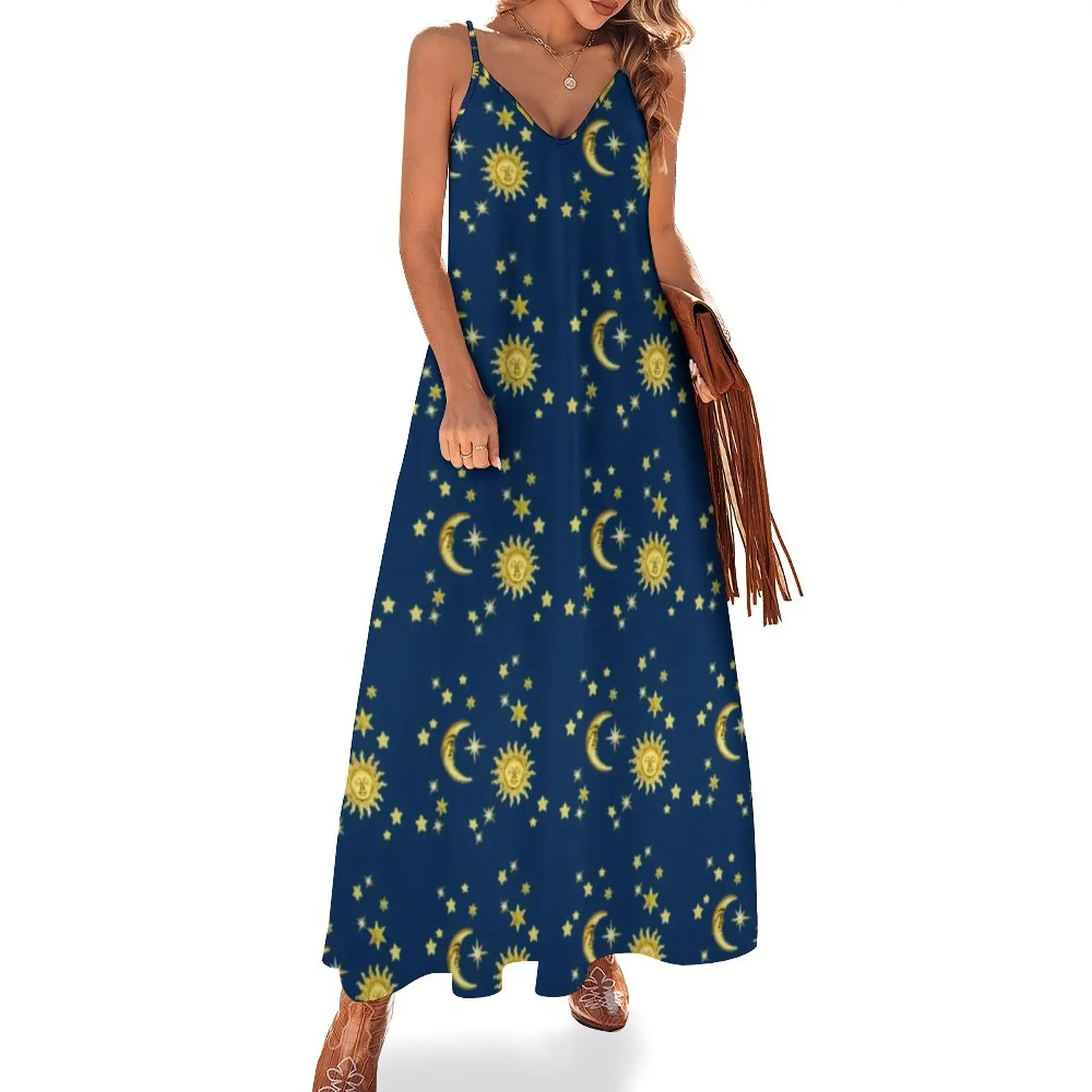 

Glod Moon Dress Sun And Stars Print Club Maxi Dress Stylish Bohemia Long Dresses Women Spaghetti Straps Pattern Big Size 4XL 5XL