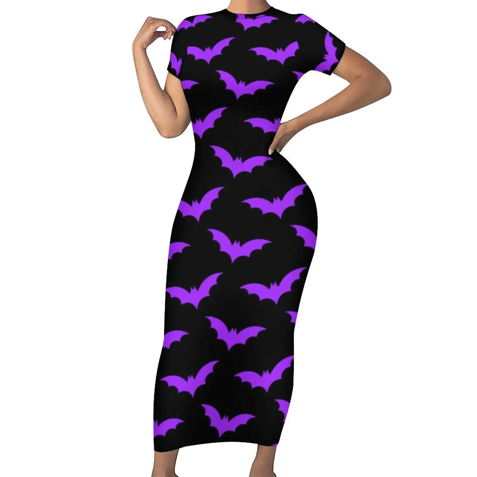 

Purple Bats Print Dress Short Sleeve Black Halloween Fashion Maxi Dresses Modern Bodycon Dress Womens Graphic Oversized Vestido