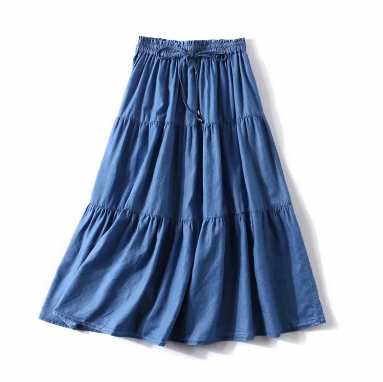 

Women High Waist Denim Long Skirts 2023 Summer Brand Ruffled Maxi Skirts Autumn Vinatge Casual Loose Cotton Skirts Plus Size