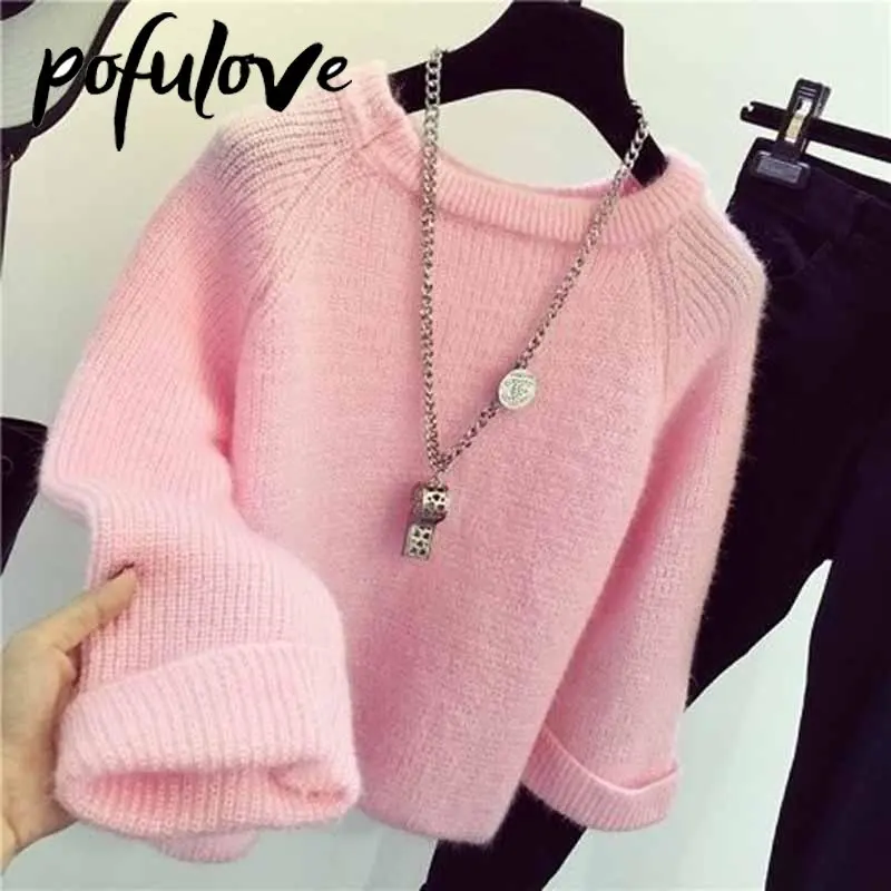 

Женский вязаный свободный свитер, утепленный теплый осенне-зимний базовый свитер с длинными рукавами и круглым вырезом, корейский свитер, о...