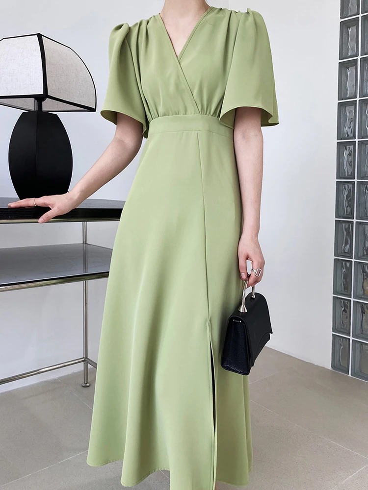 

FTLZZ Summer Elegant Women V-neck Split Solid Midi Dress Office Lady Empire Slim A-line Dress Sash Tie Up Chiffon Dress