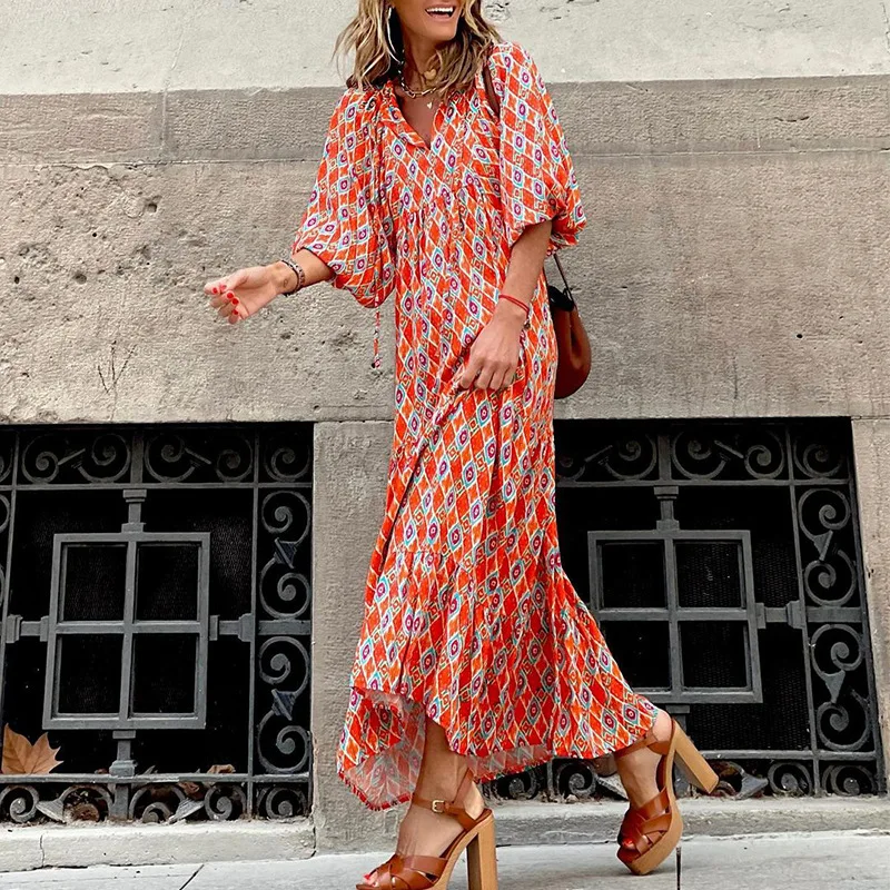 

Summer Boho Floral Maxi Dresses Women Casual Loose Holiday Beach Sundress Elegant Ladies V-neck Short Sleeve Long Dress Party