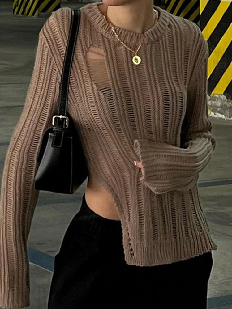 

Осенние коричневые вязаные пуловеры Y2K, кофта, женские ретро-топы, шикарные Свободные повседневные Винтажные Футболки с длинным рукавом, на...